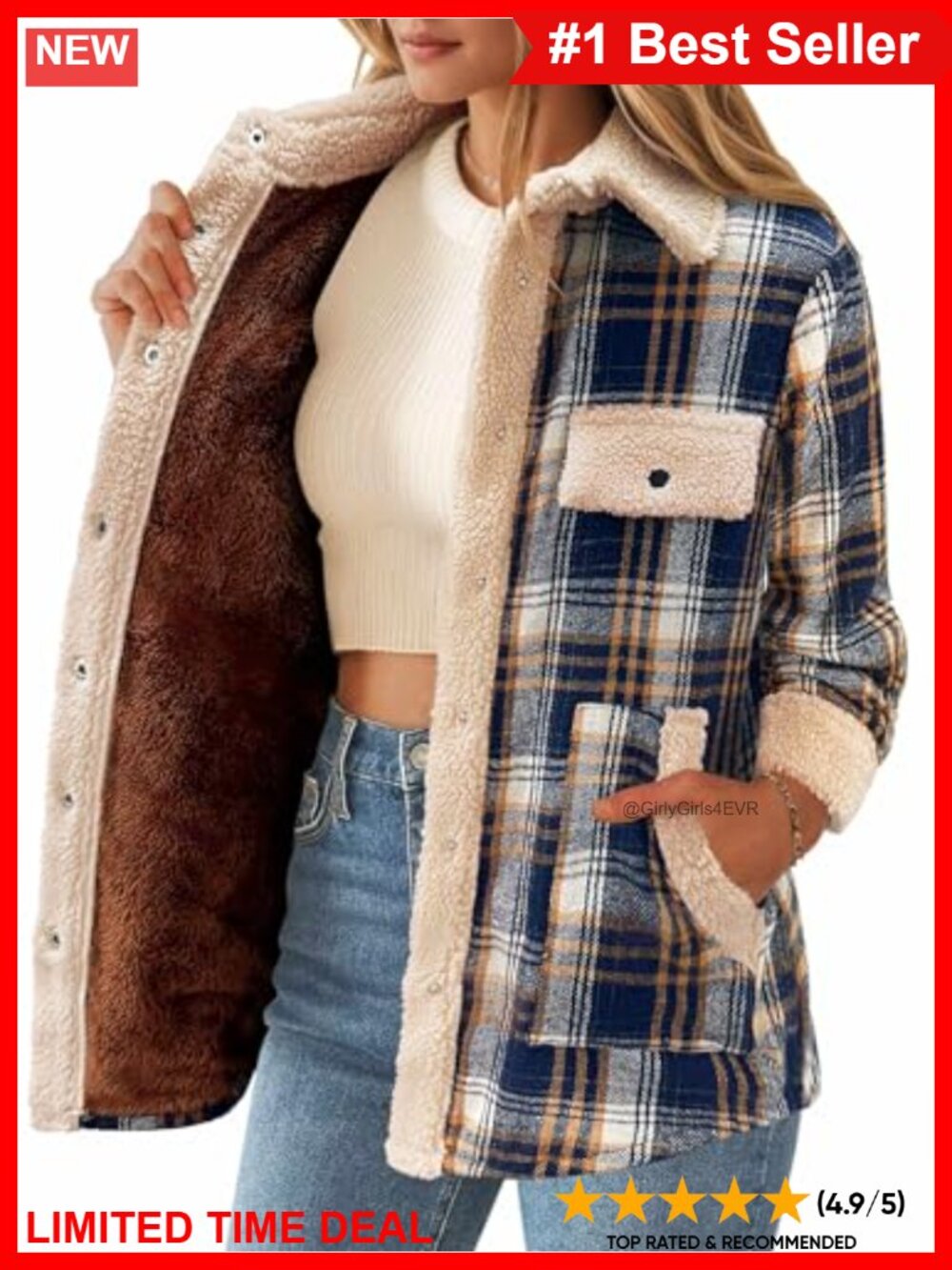 Fleece Lined Plaid Flannel Shacket Button Down Sherpa Jacket